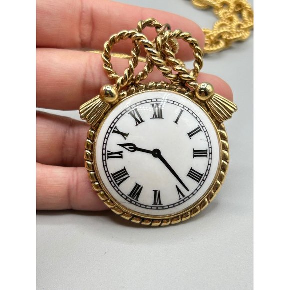 Vintage Clock Necklace Ceramic Pendant Textured Chunky Chain Statement Jewelry - Picture 4 of 8